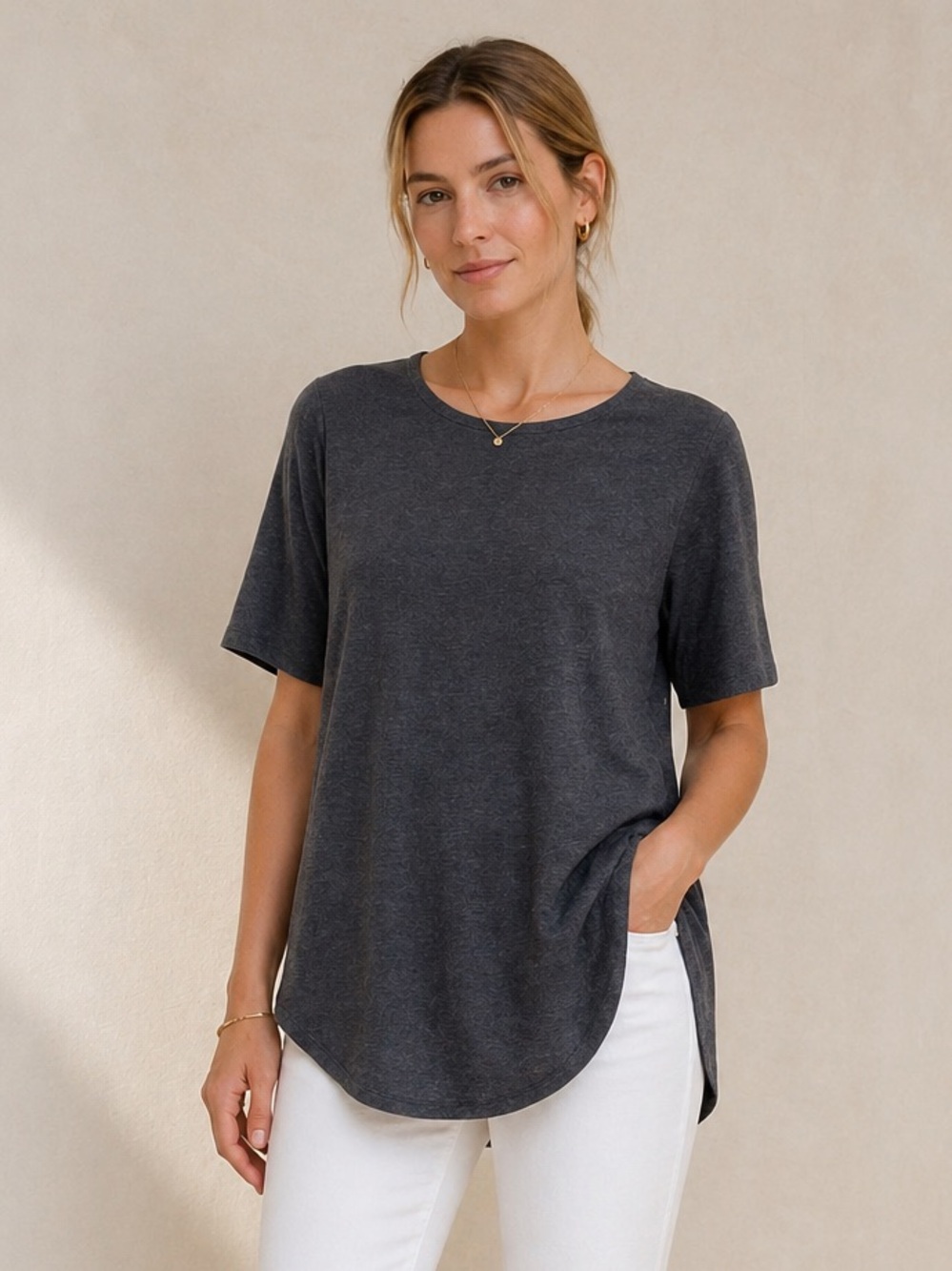 Eileen Fisher Stretch Jersey Long Tee Tunic Gray Medium